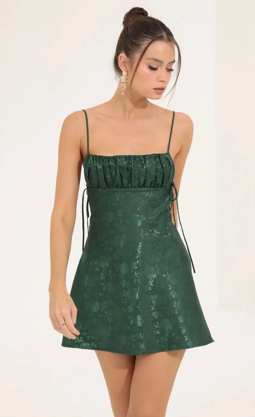 Floral Jacquard A Line Dress in Green