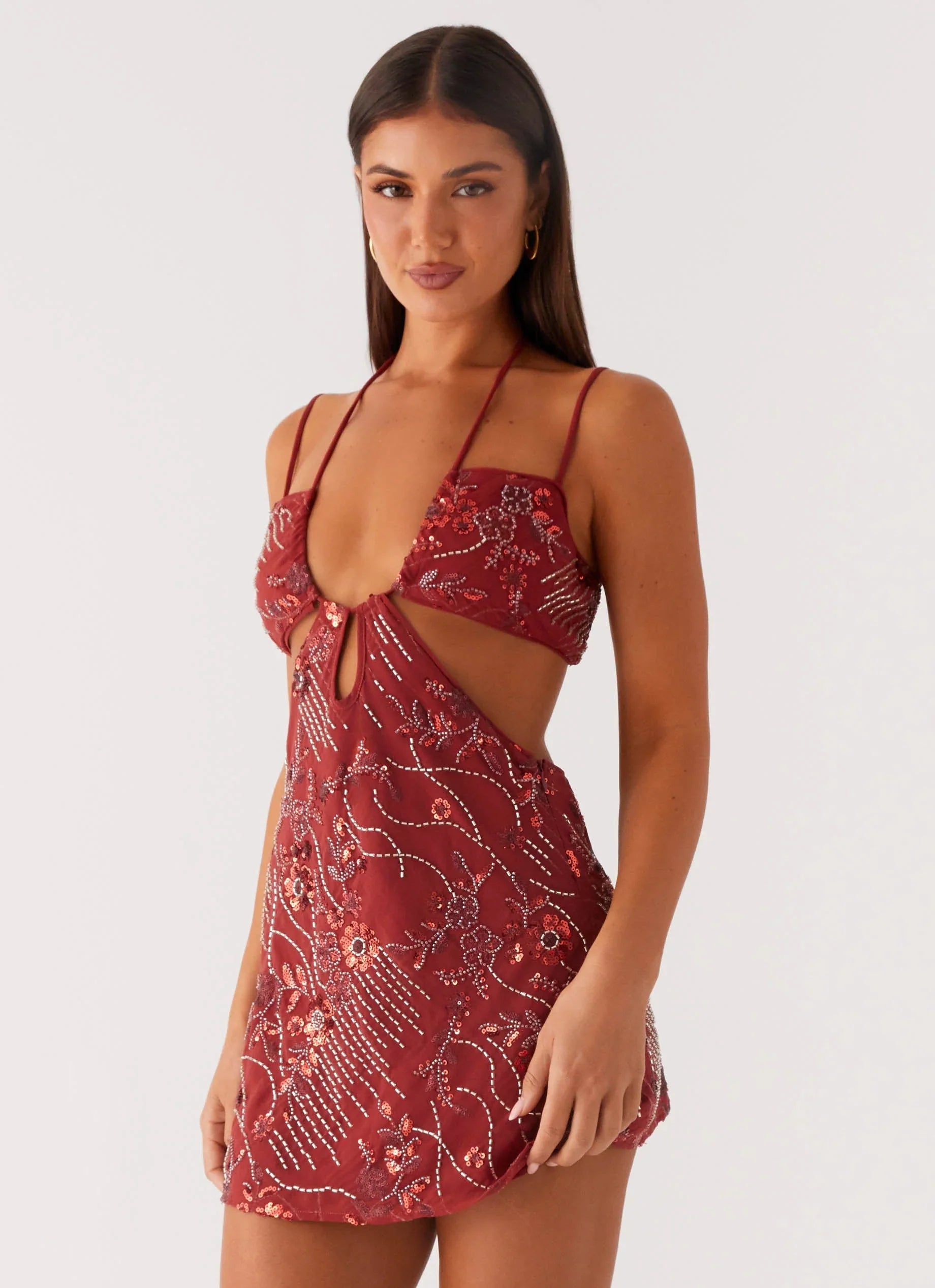 Sahara Nights Beaded Mini Dress Rust