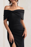 Eva Black Bardot Bow Detail Maxi Dress With Thigh Split