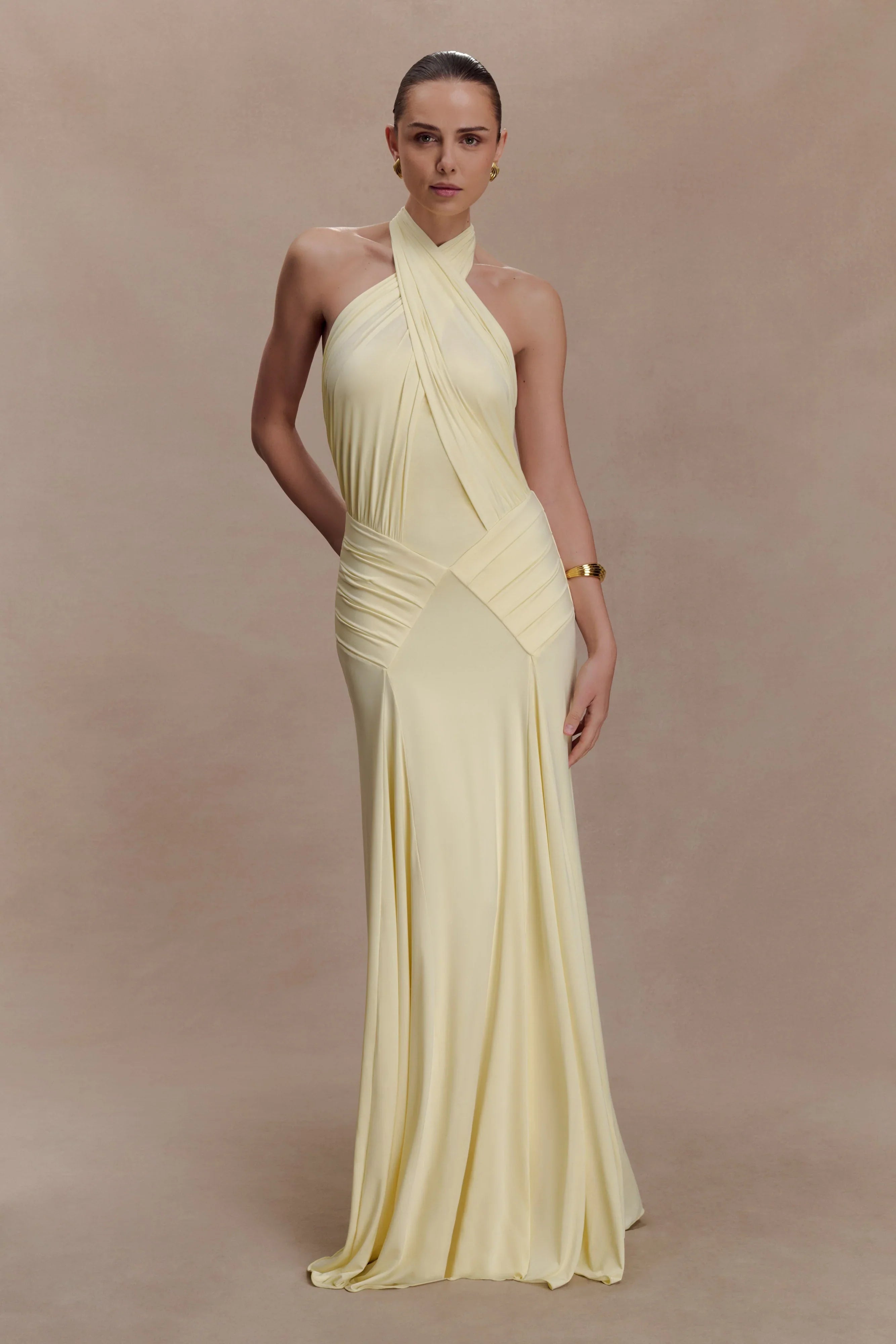 Indira Gathered Slinky Halter Maxi Dress Lemon