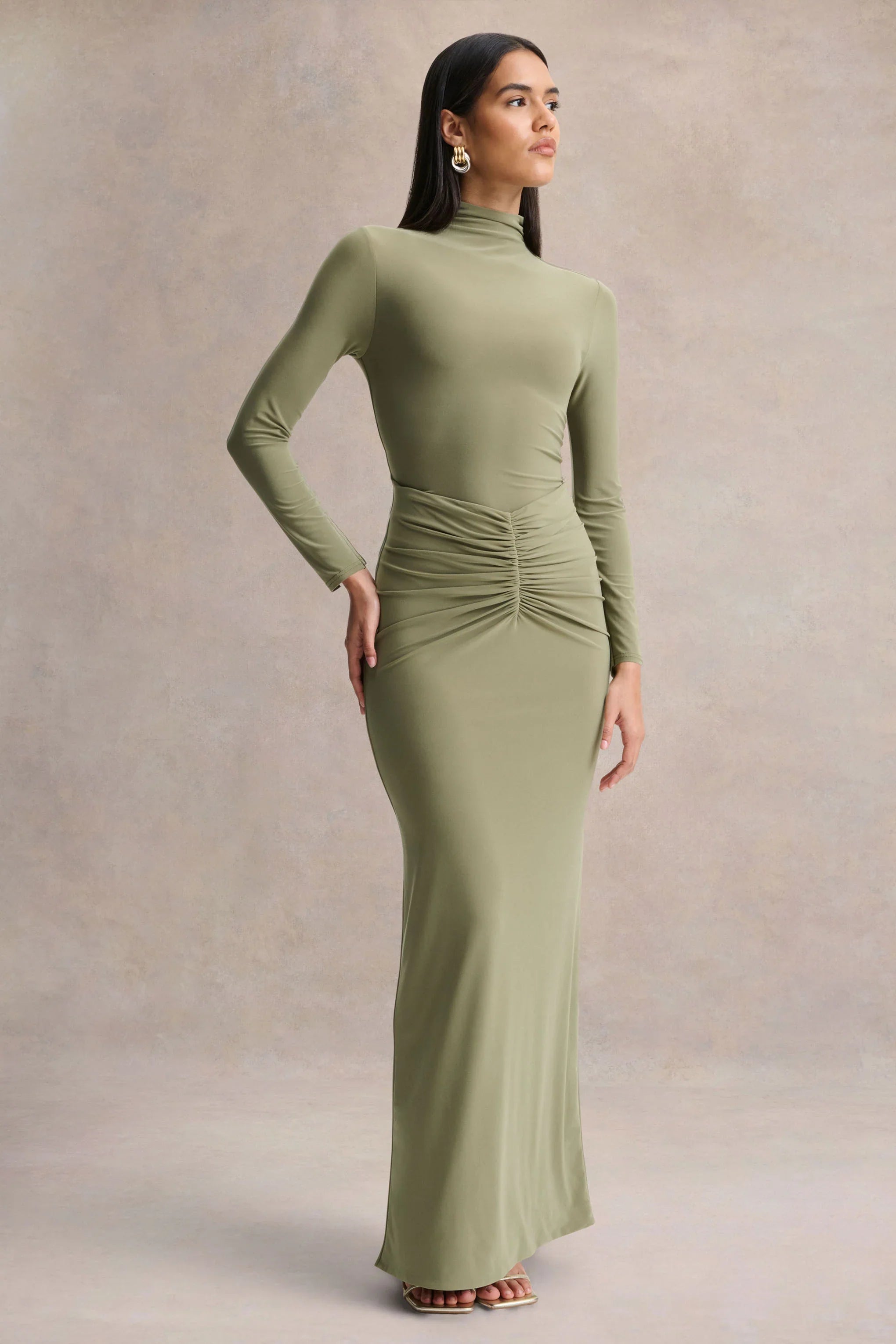Persis Olive High Neck Maxi Dress With Gathered Detailing