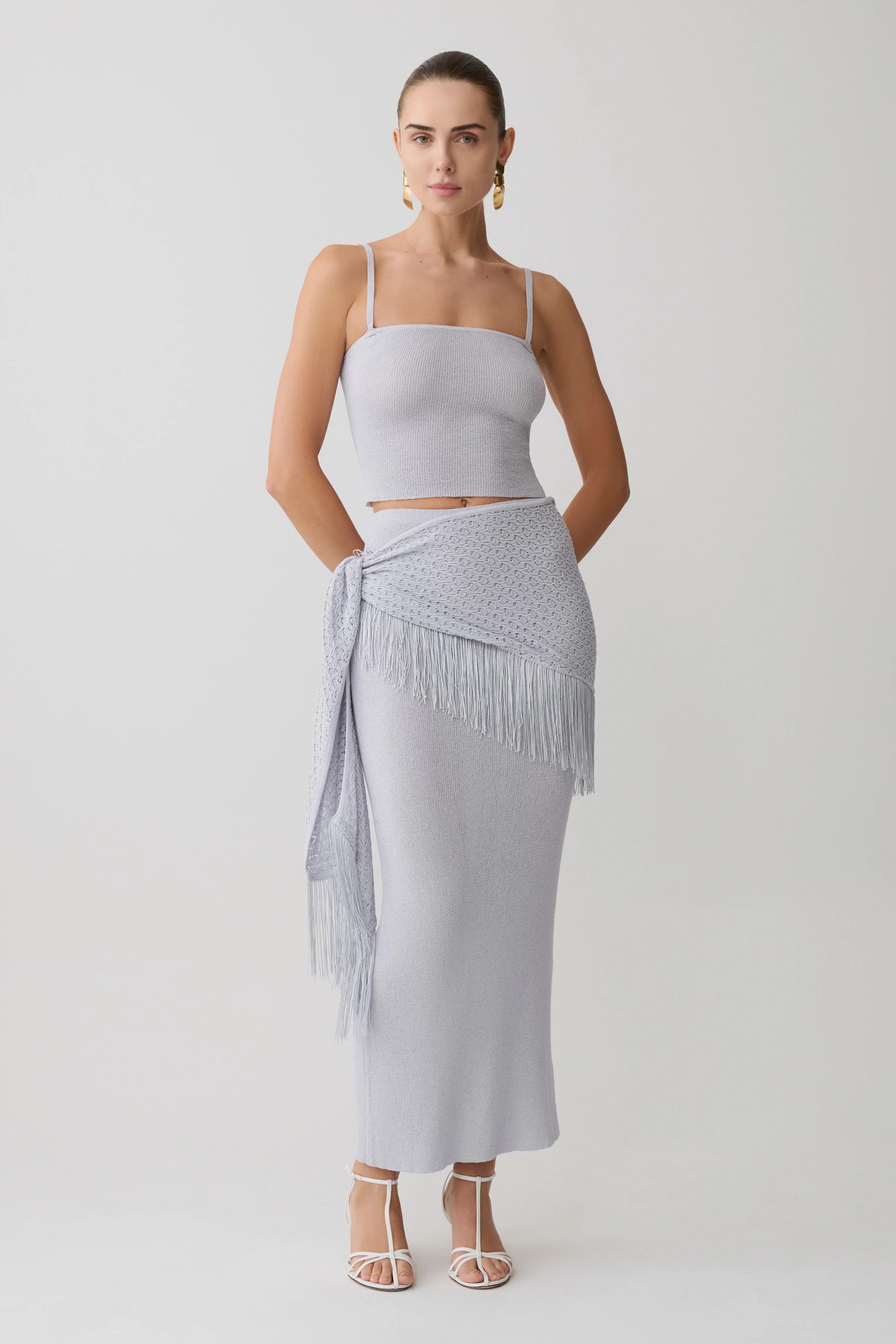 Jaytee Knit Maxi Skirt With Fringe Tie Sky Blue