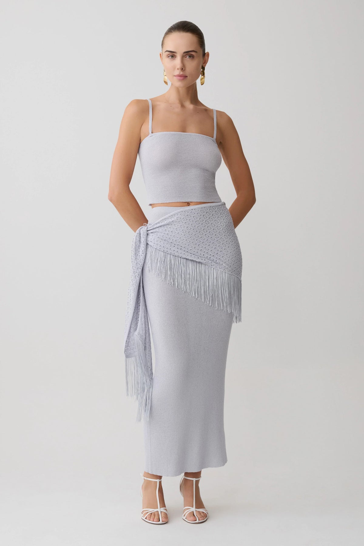 Jaytee Knit Maxi Skirt With Fringe Tie Sky Blue