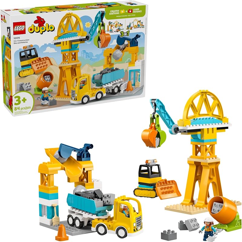 LEGO DUPLO Town 3 in 1 Construction Site and Vehicles Toys for Toddlers Pretend Play Set for Boys Girls Ages 3 Building Blocks for Fine Motor Skills Practice Gift for Birthdays 10476