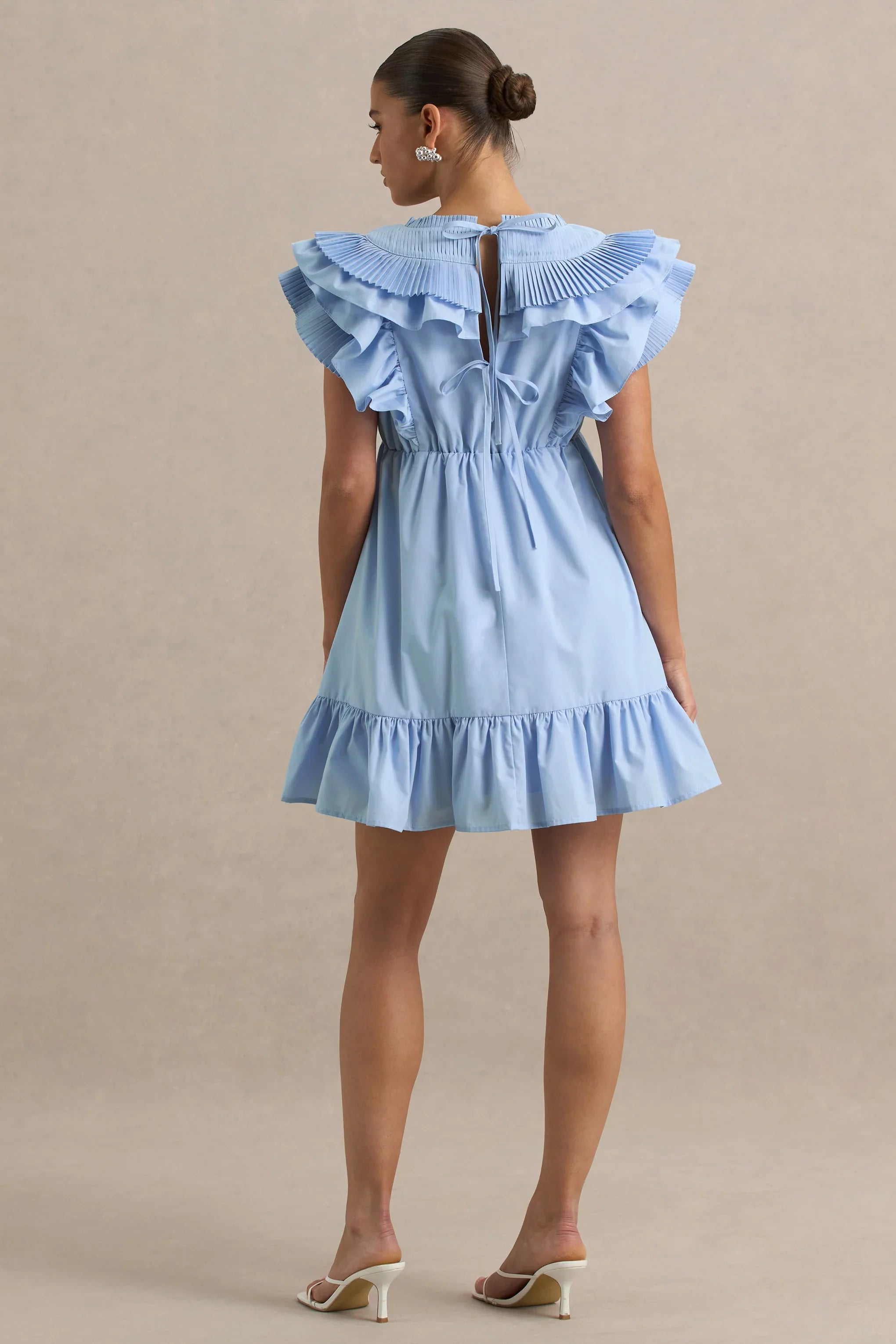 Judie Blue Poplin V Neck Ruffled Mini Dress