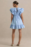 Judie Blue Poplin V Neck Ruffled Mini Dress