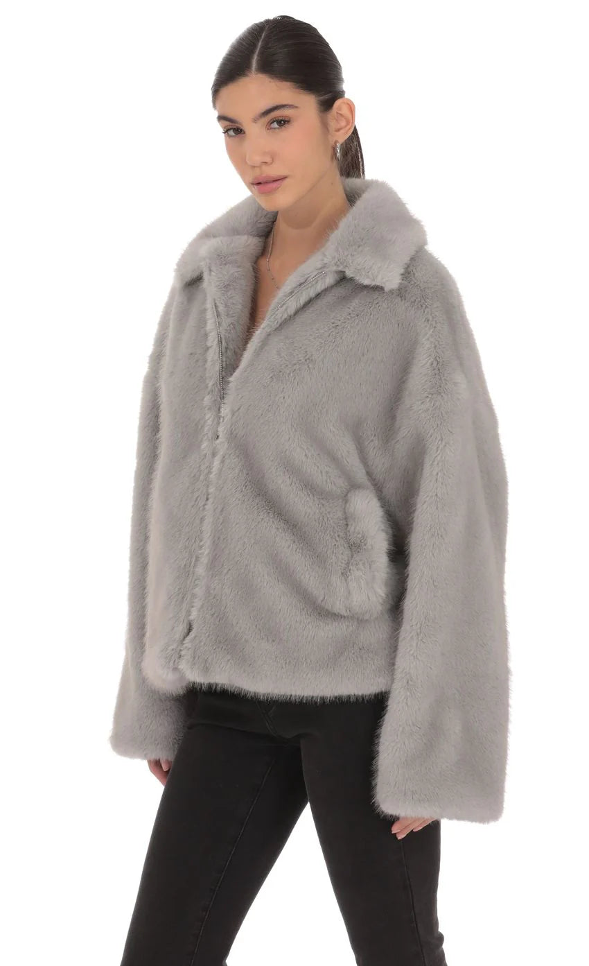 Zip Up Faux Fur Jacket in Grey