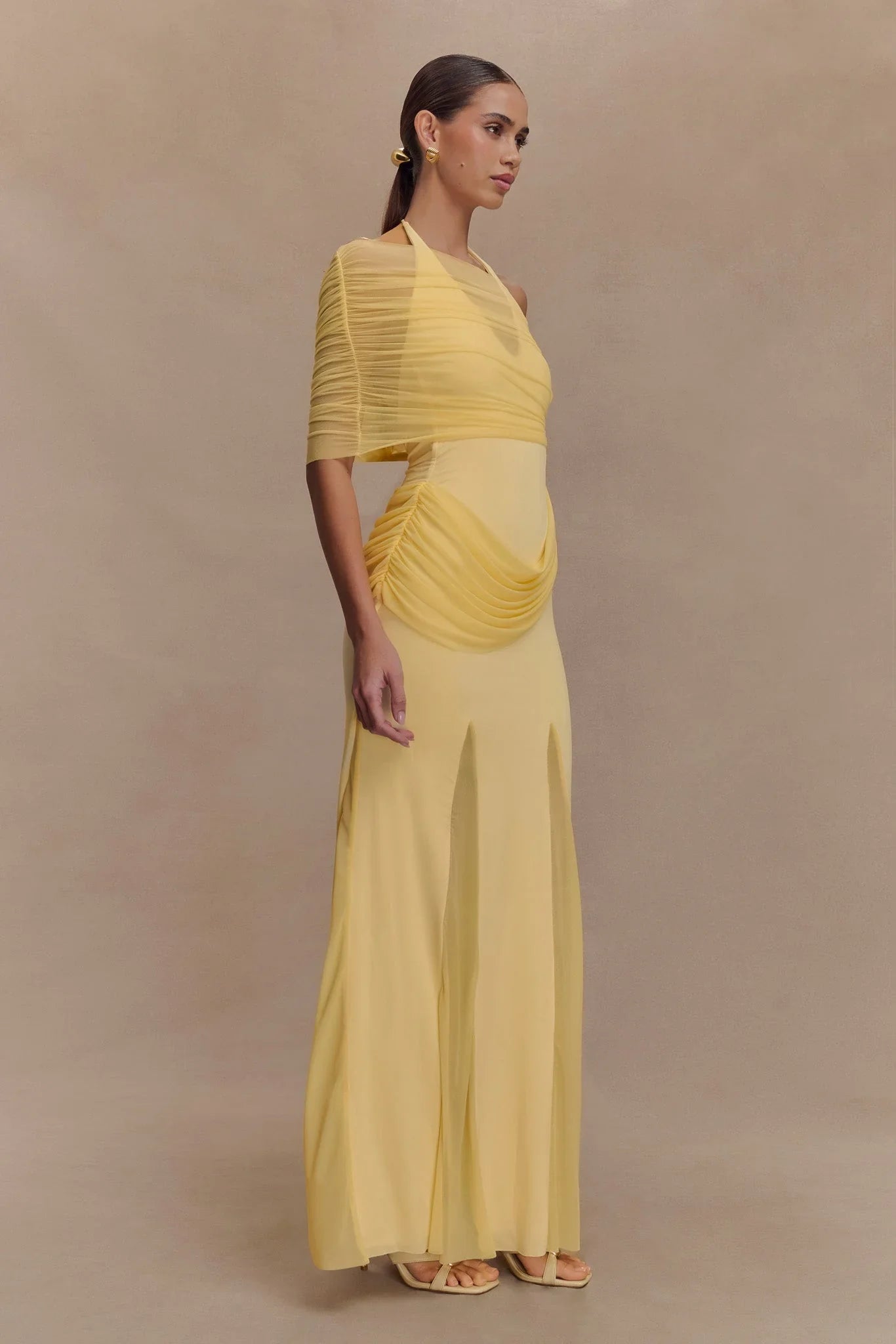 Gabrielle Slinky And Mesh Maxi Dress Lemon