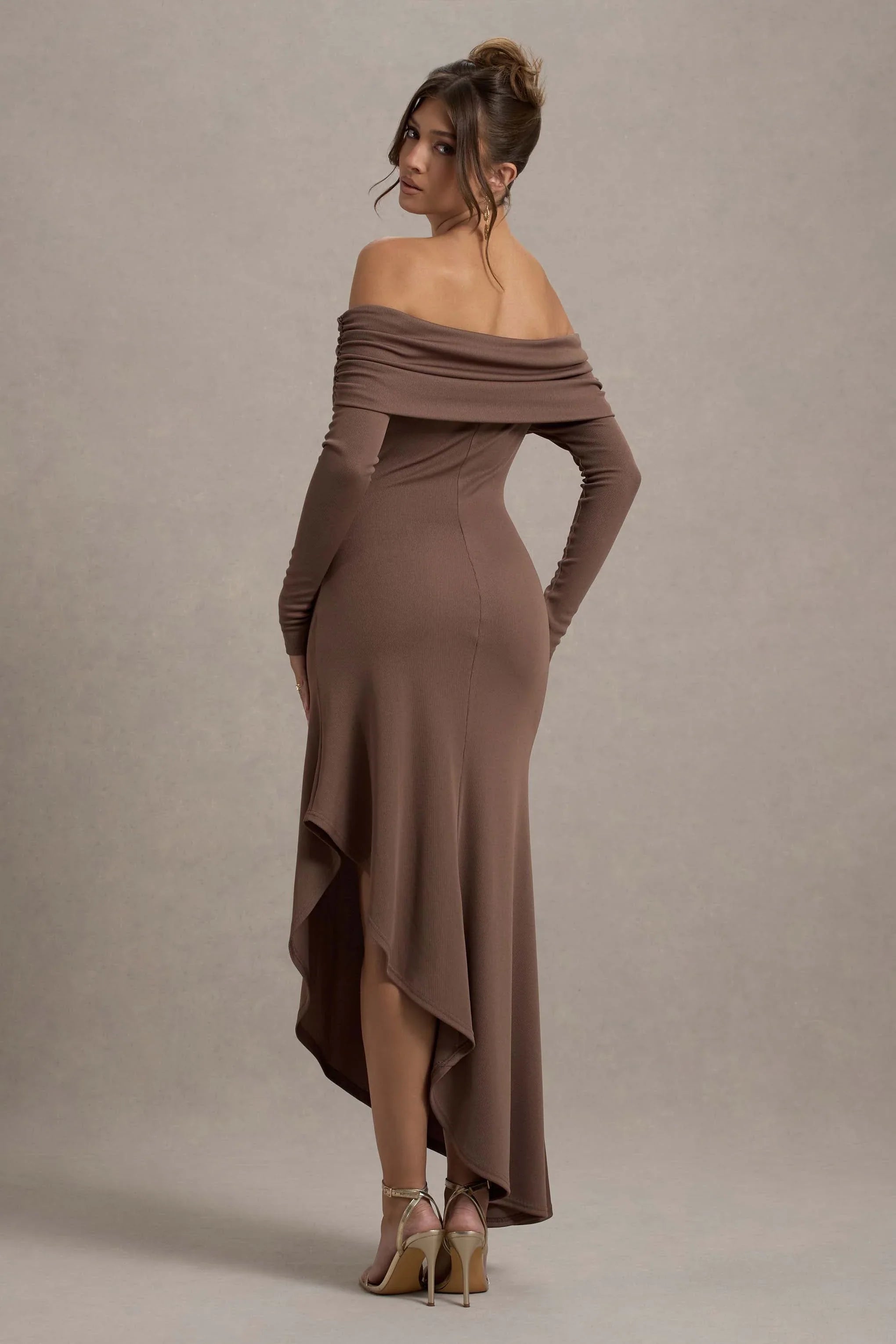 Romina Mocha Rib Knit Bardot Maxi Dress With Asymmetric Hem