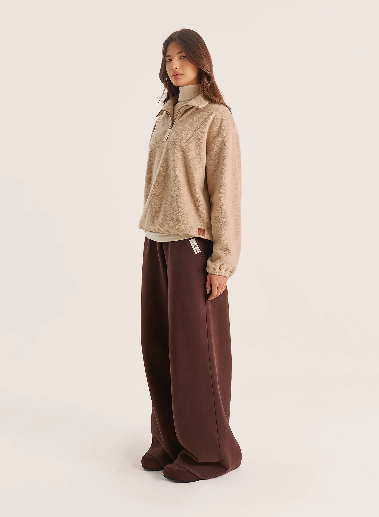 Beige Fleece Toggle Hem Collared Zip Sweatshirt