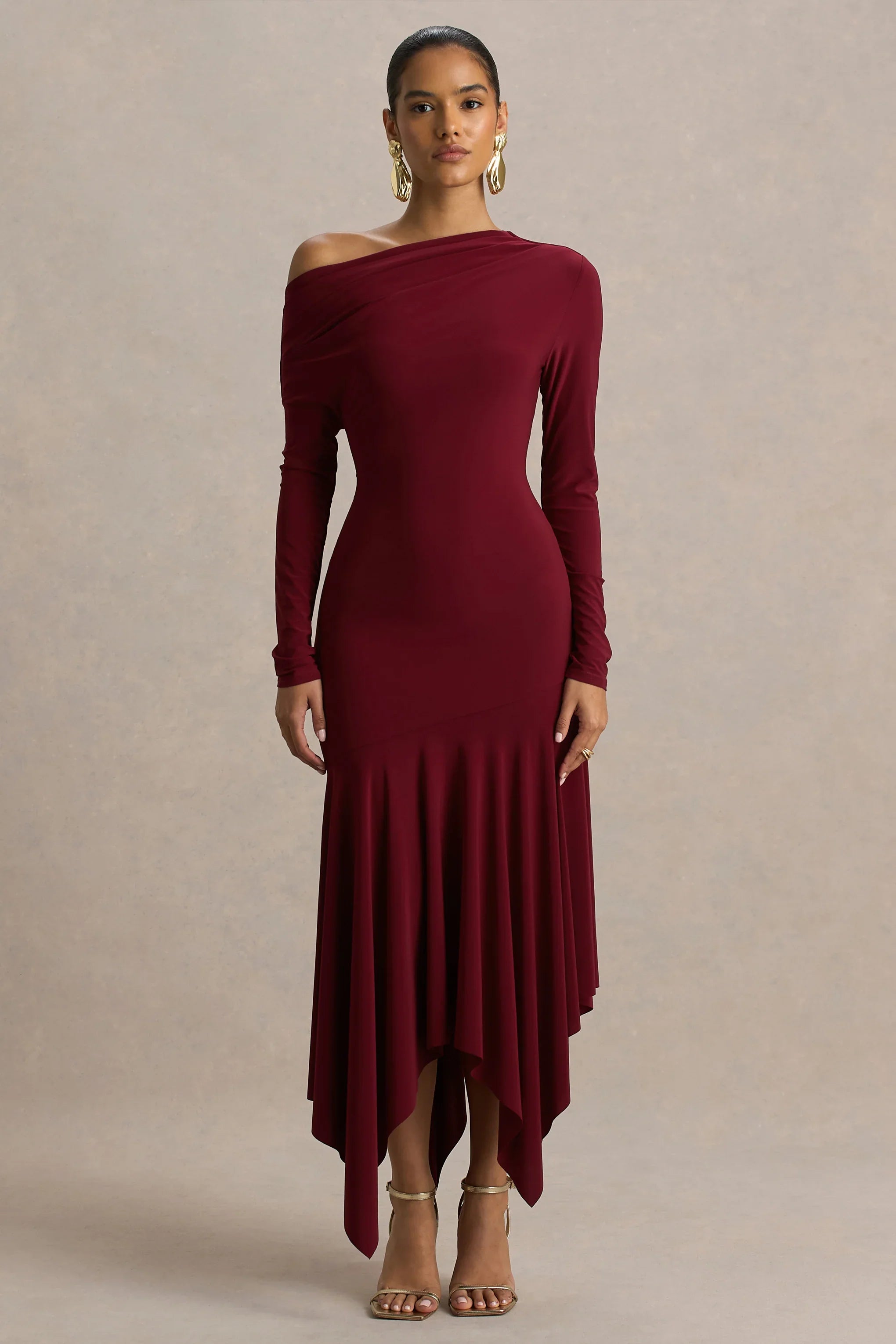 Isola Burgundy Asymmetric Neck Midi Dress With Hanky Hem