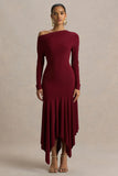 Isola Burgundy Asymmetric Neck Midi Dress With Hanky Hem
