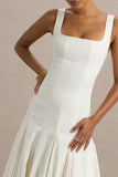 Magnolia White Scoop Neck Midi Dress With Drop Waist And Ruffling Detail