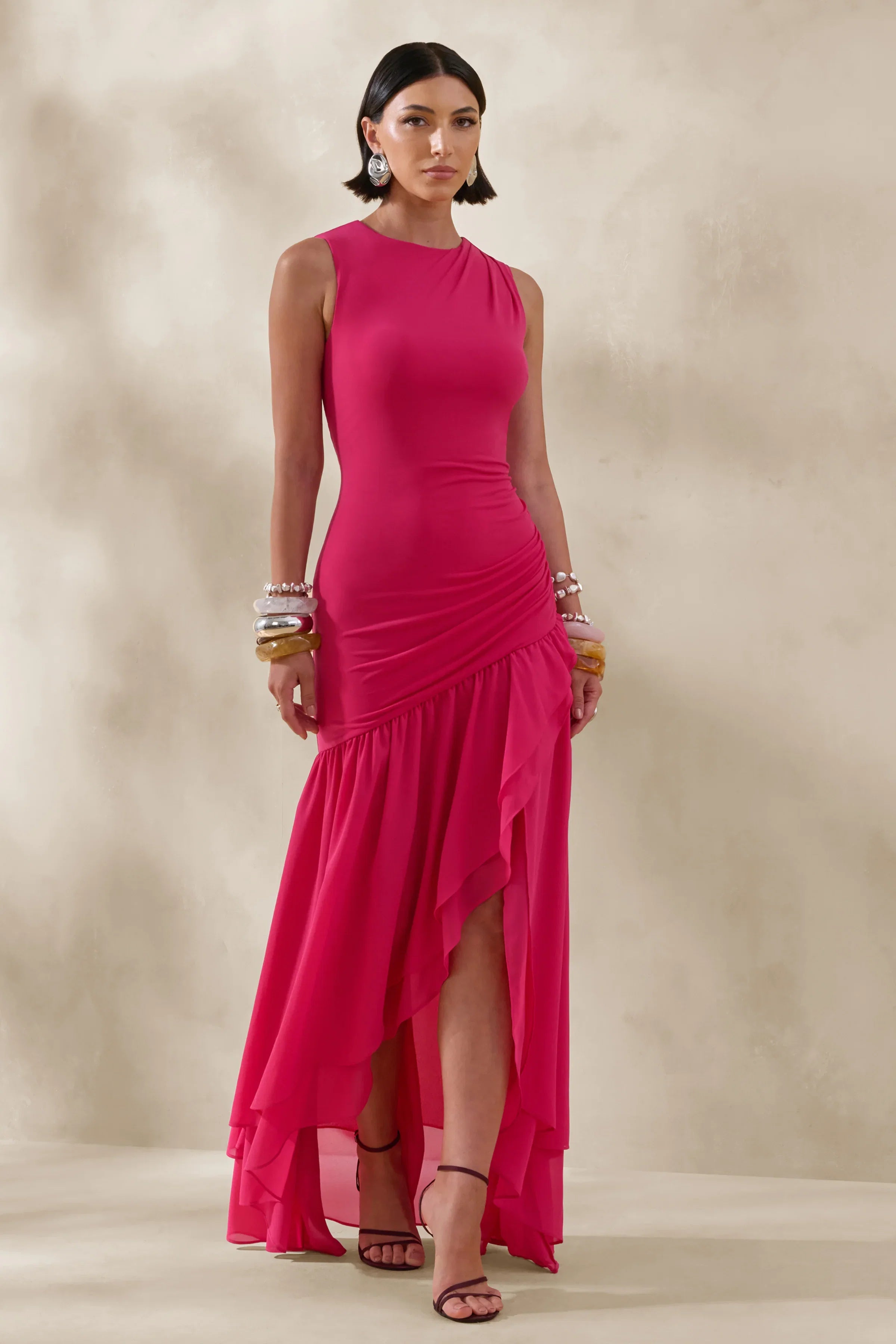 Noelia Hot Pink High Neck Maxi Dress With Ruffled Detailing