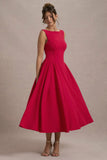 Muriel Red Boat Neck Volume Hem Midi Dress