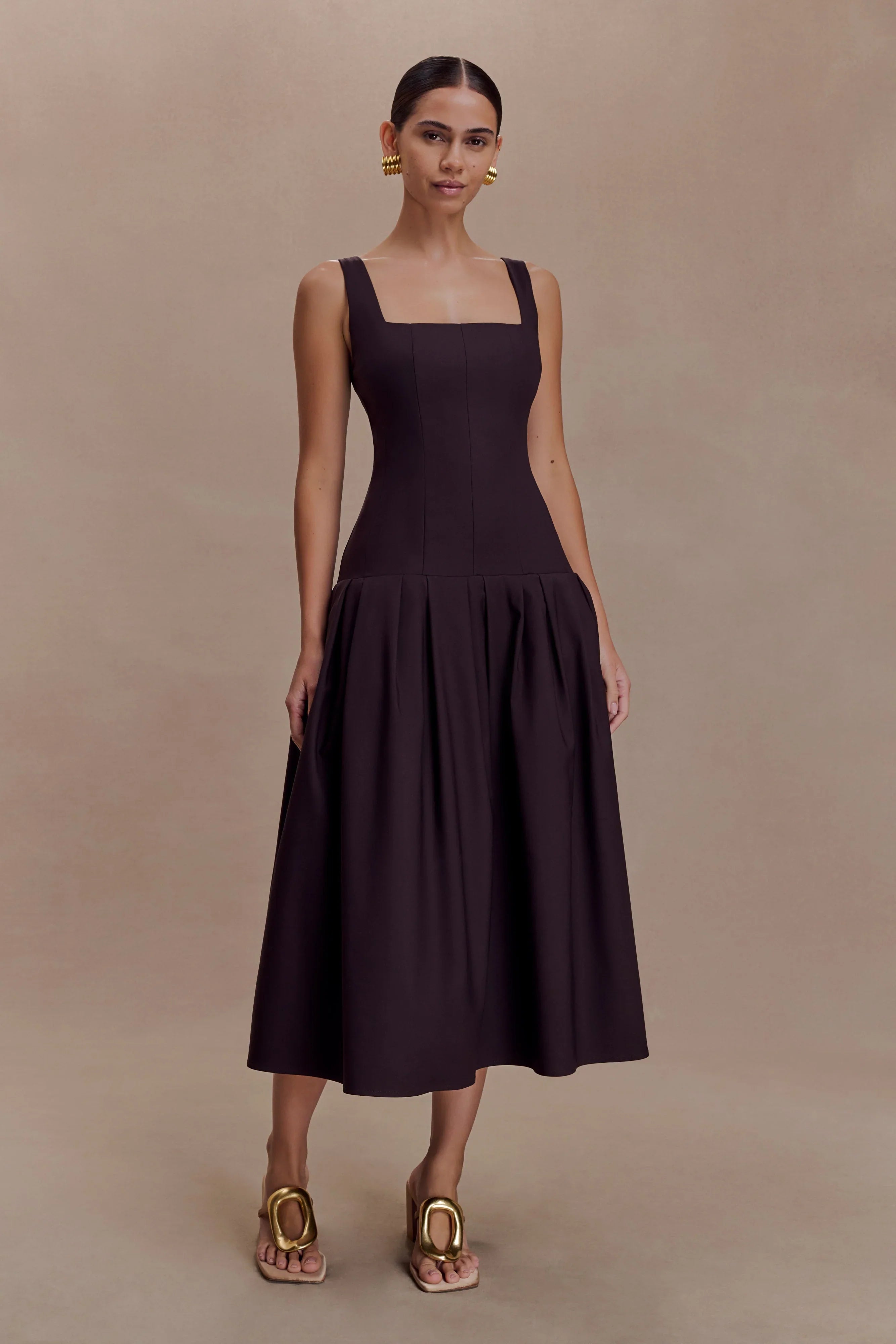 Natascha Drop Waist Cotton Midi Dress Chocolate