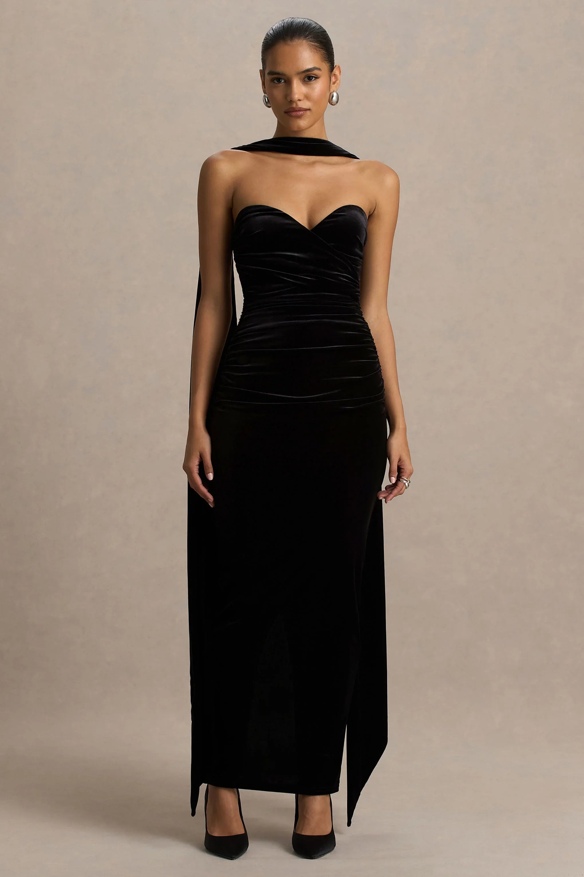 Paloma Black Velvet Bandeau Maxi Dress With Scarf