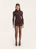 Chocolate Long Sleeved Drape Wrap Mini Dress