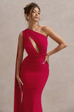 Elaina Red Asymmetric Knot Maxi Dress With Sash