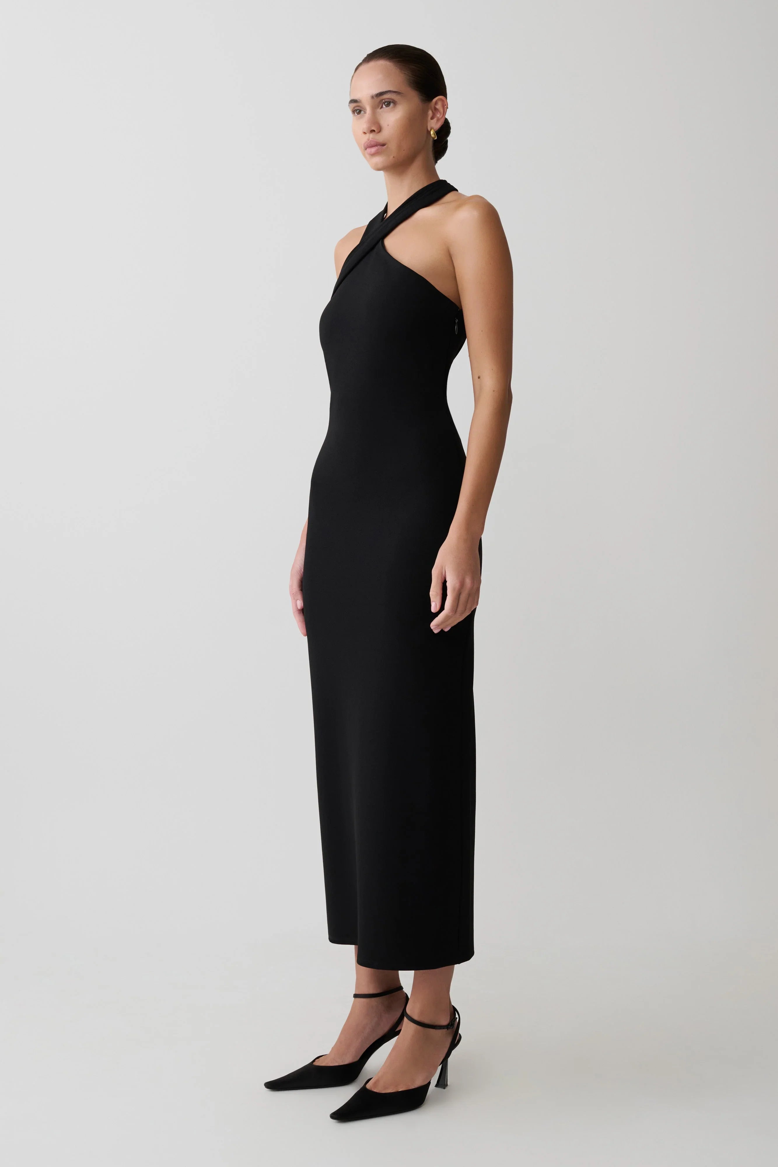 Sable Crossover Crepe Midi Dress Black