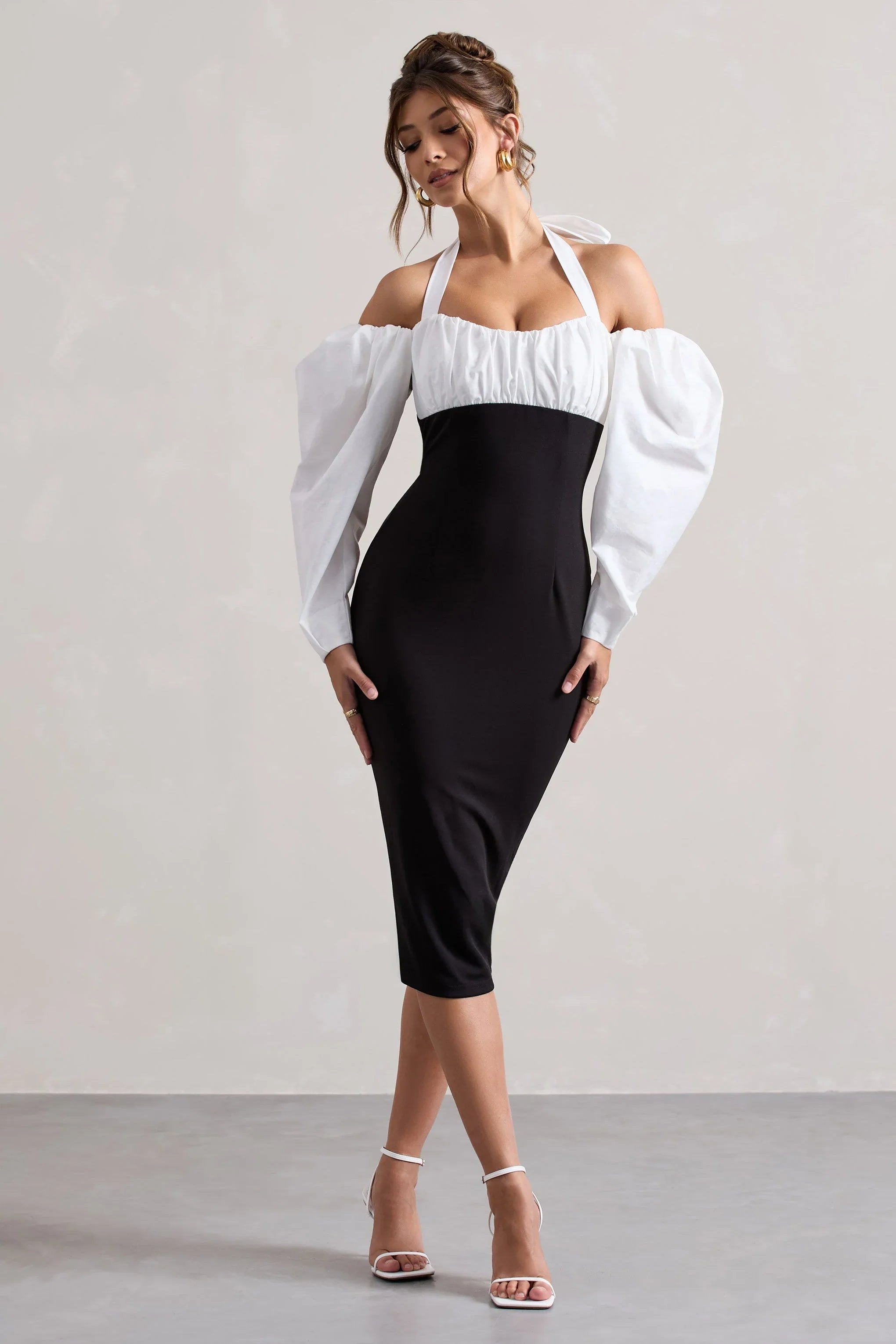 Couture Client Black Halter Neck Puff Sleeve Midi Dress