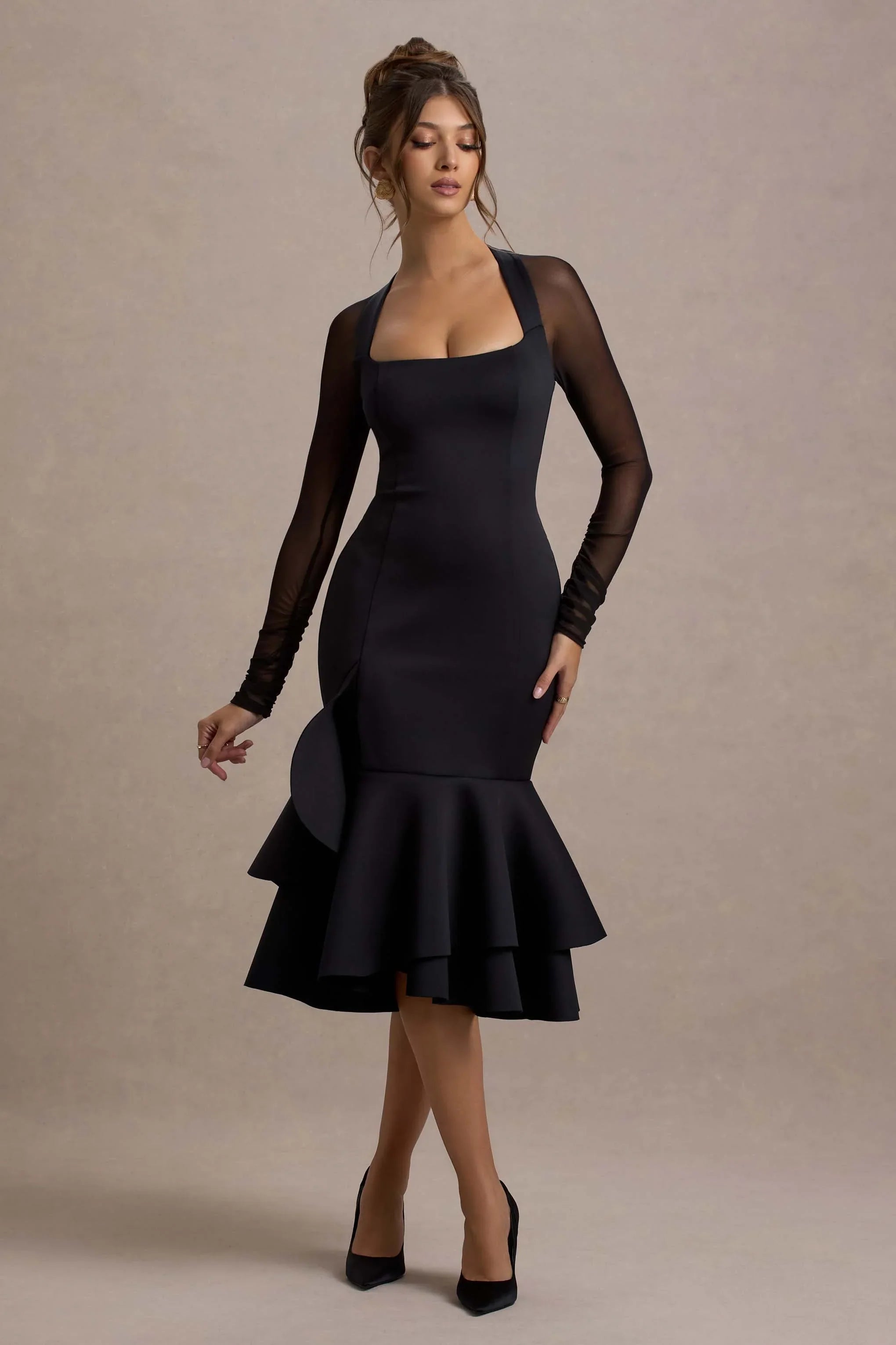 Sander Black Mesh Long Sleeve Ruffle Hem Midi Dress