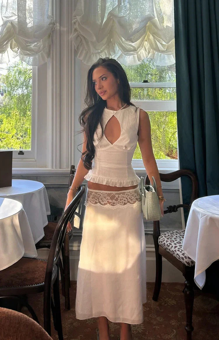 Reighn White Lace Detail Midi Skirt