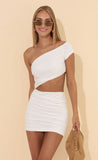 Gold Foil Ruched Dress in White