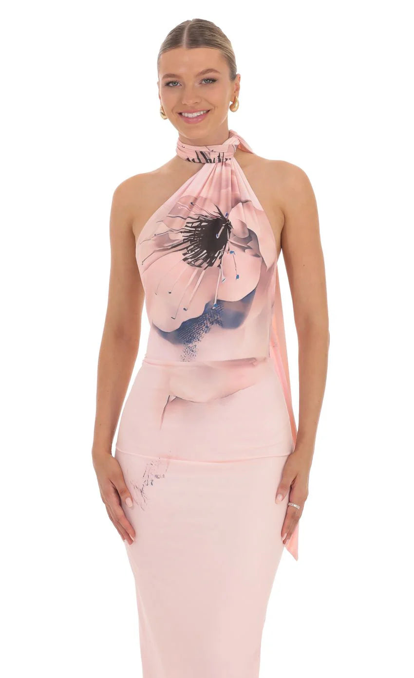 Mesh Floral Scarf Strap Maxi Dress in Pink