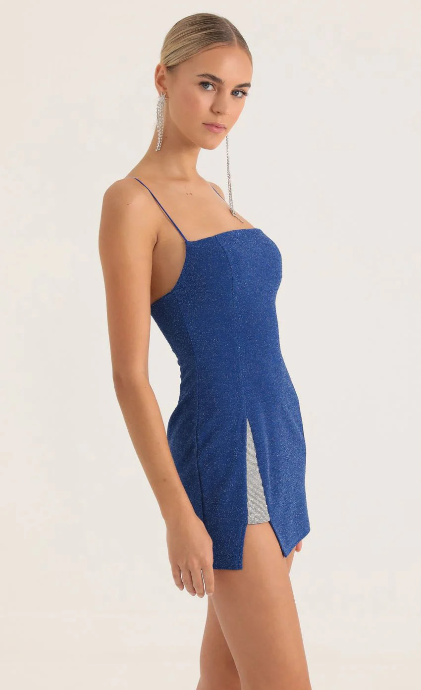 Rhinestone Slit Dress in Blue