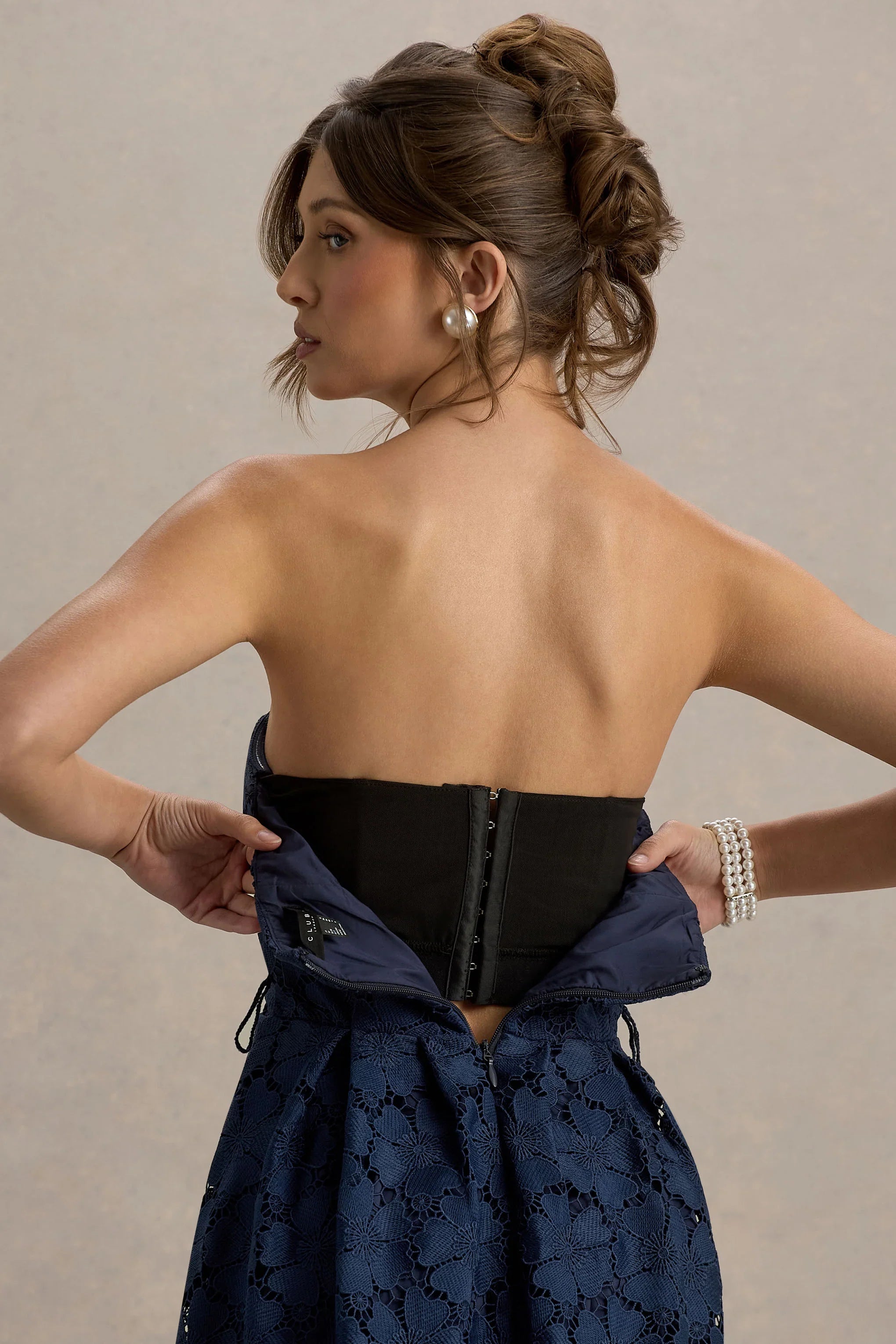 Shania Navy Lace Bandeau Skater Midi Dress