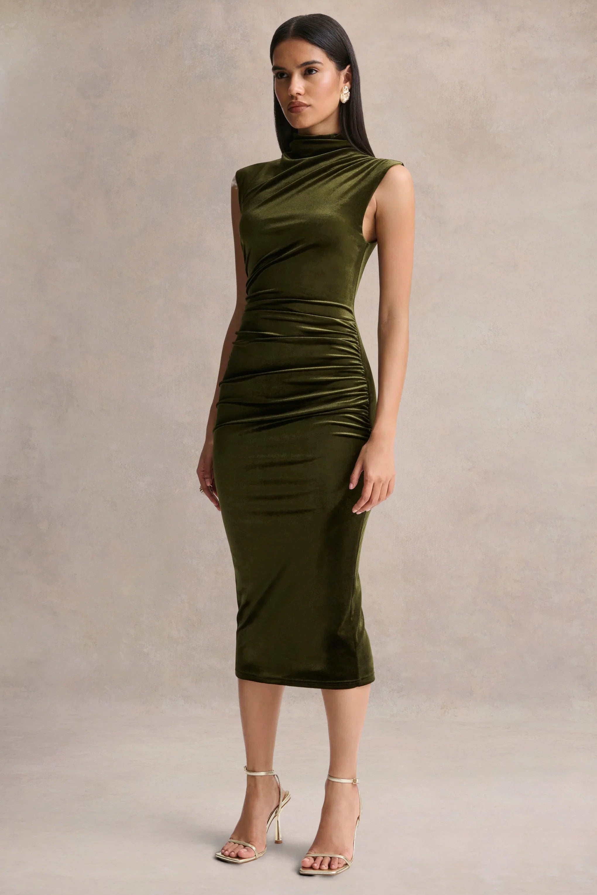 Novine Olive Velvet High Neck Midi Dress