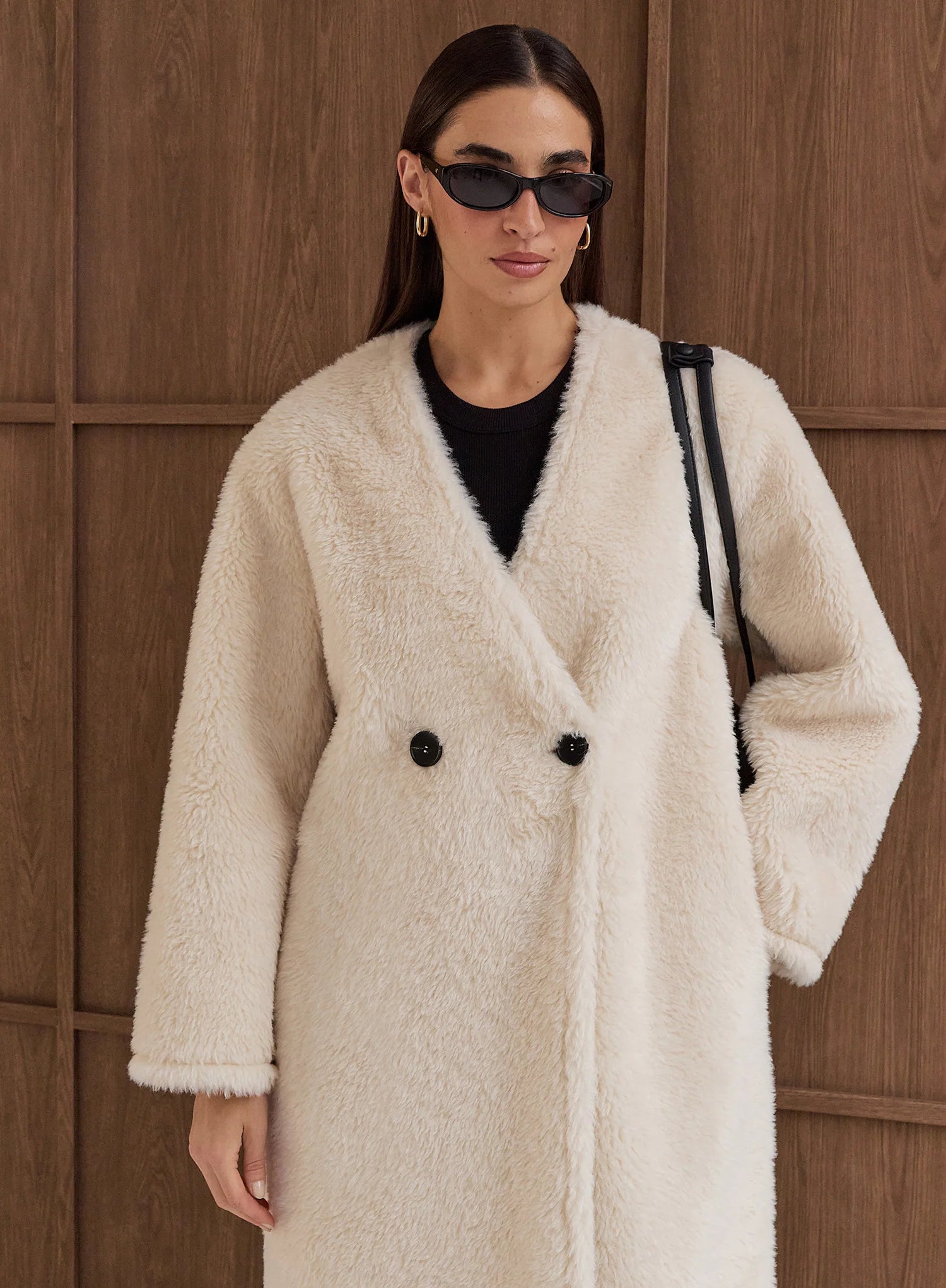 Cream Shearling Longline Buttoned Coat