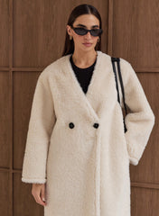 Cream Shearling Longline Buttoned Coat