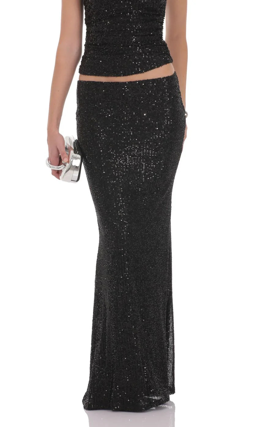 Sequin Maxi Skirt in Black
