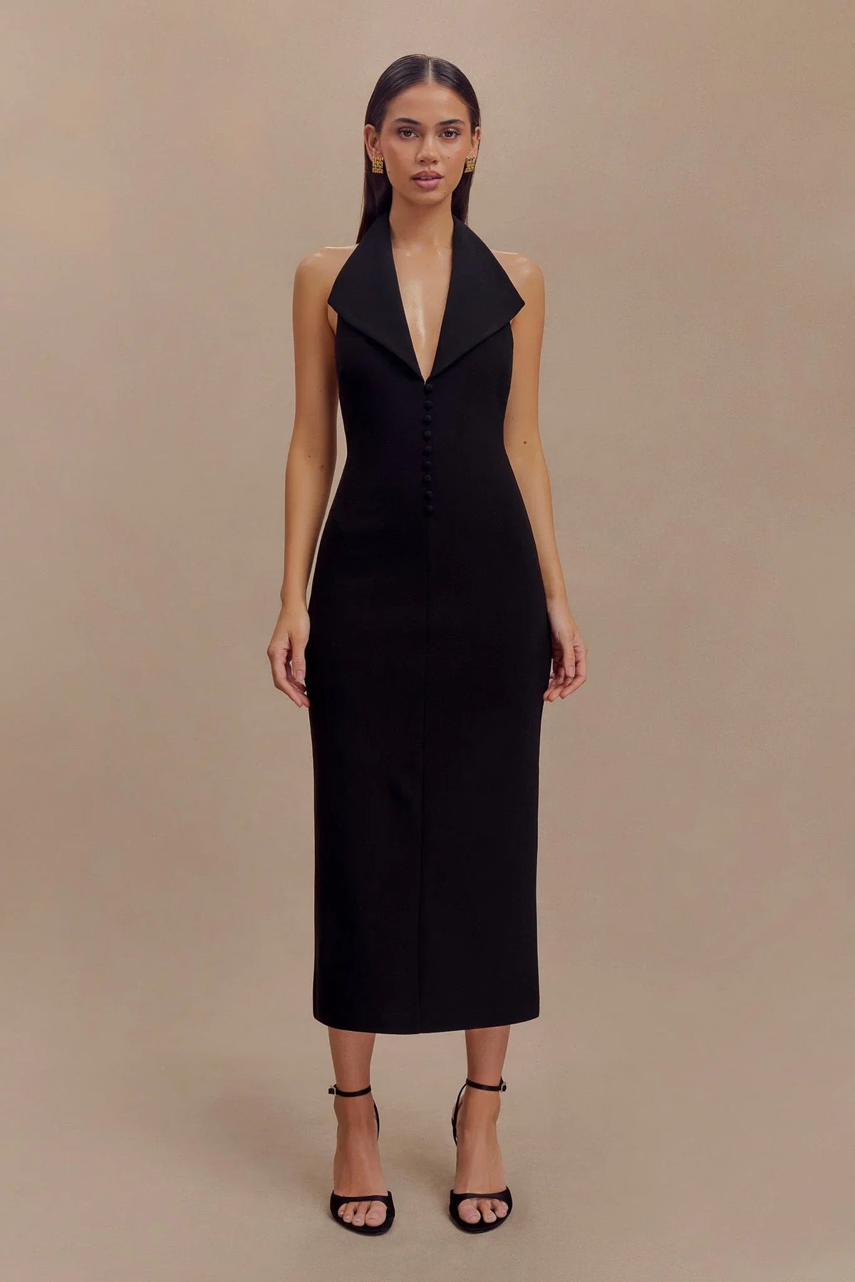 Annita Crepe Halter Midi Dress Black