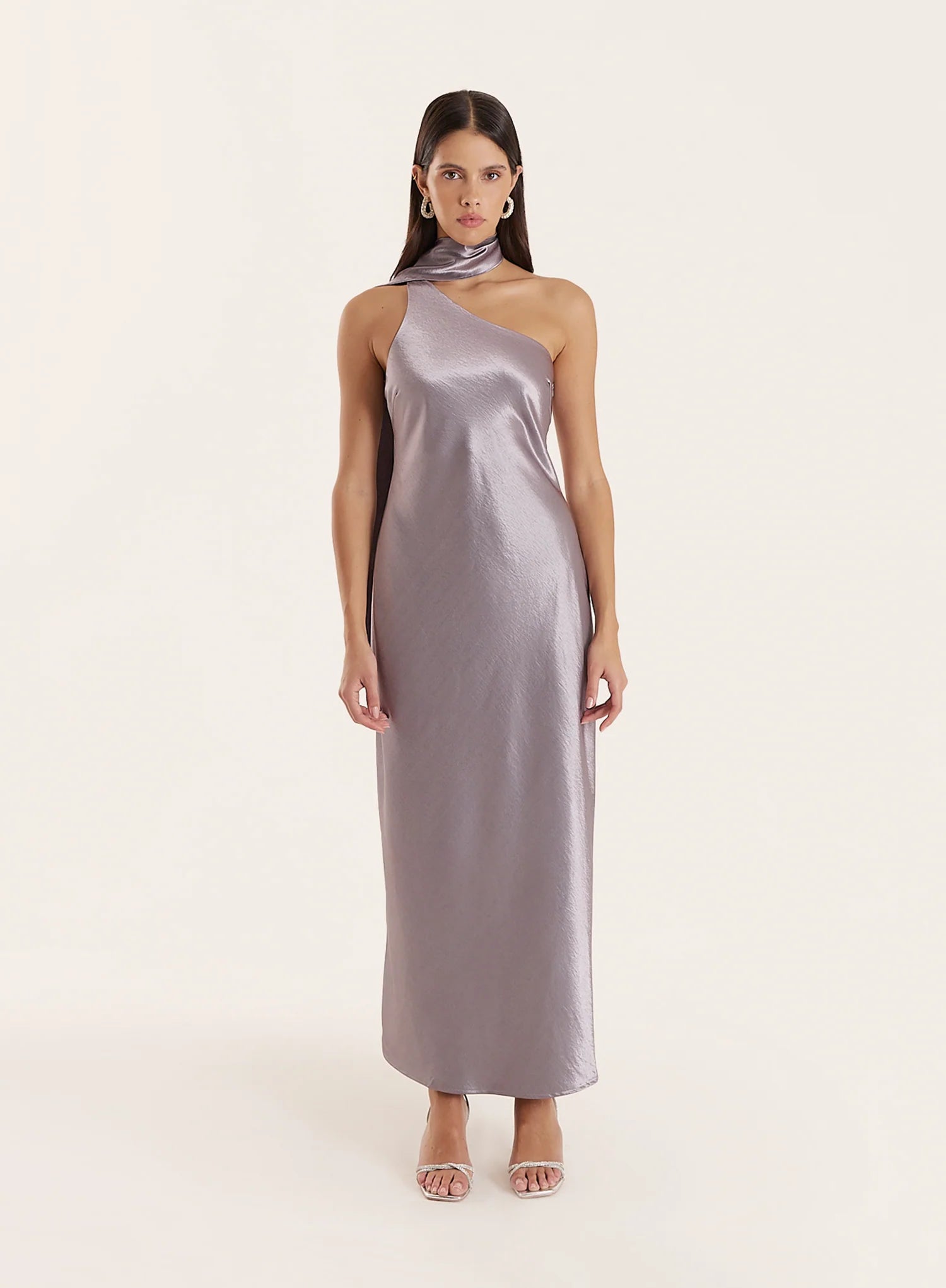 Silver Satin One Shoulder Scarf Neck Maxi Dress