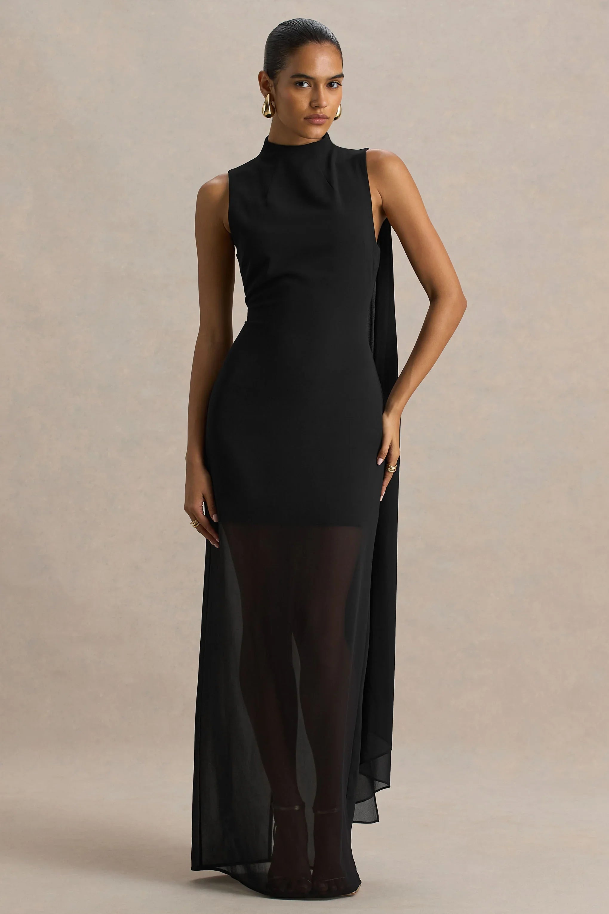 Unpredictable Black High Neck Maxi Dress With Back Cape Detail
