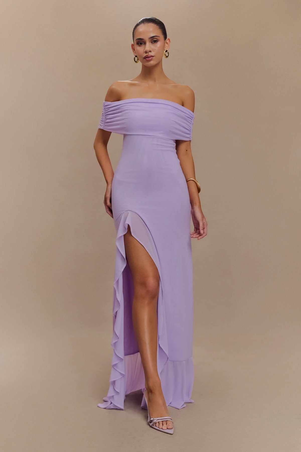 Audrey Off Shoulder Mesh Maxi Dress Lilac