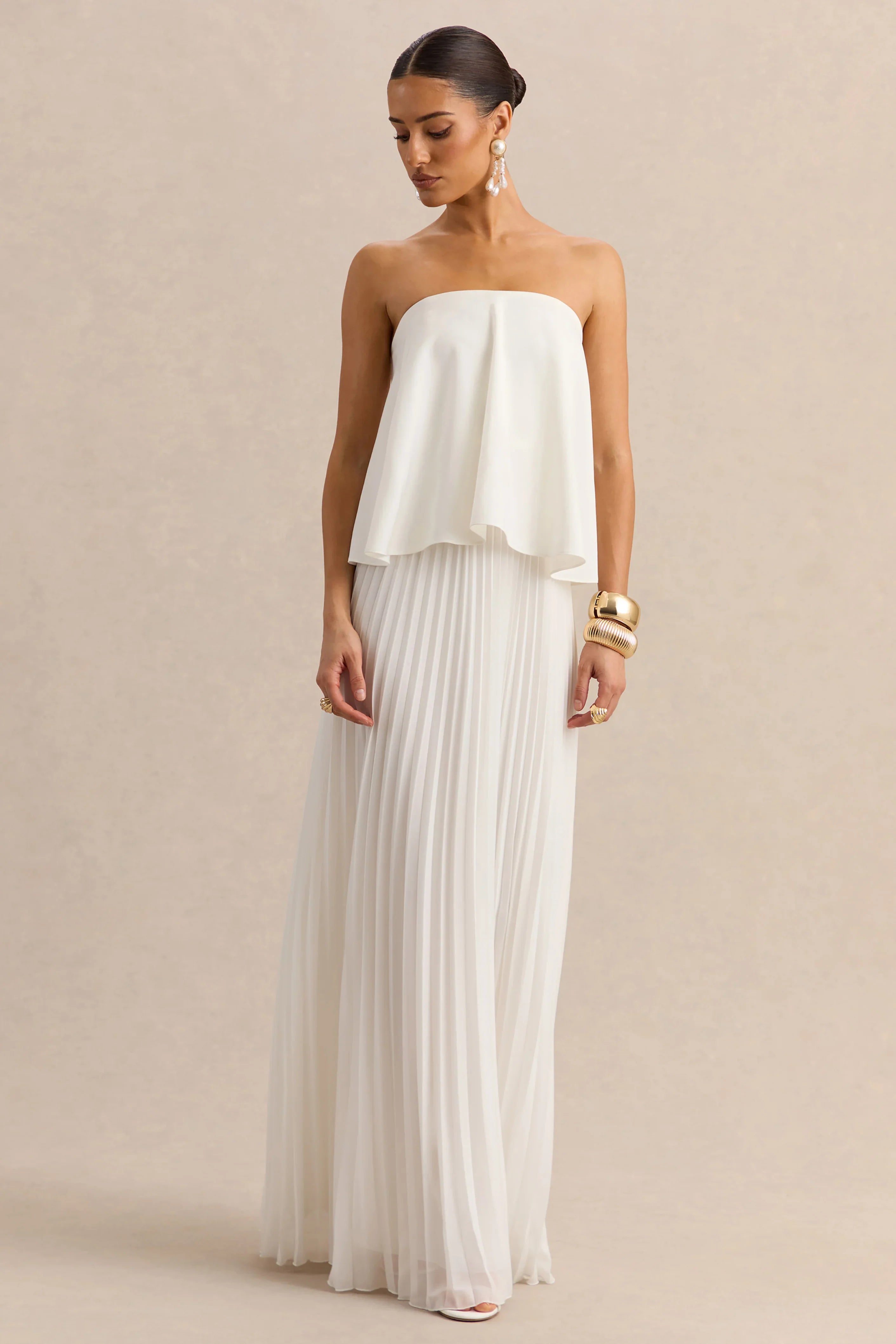 Saralyn White Bandeau Maxi Dress With Pleated Skirt