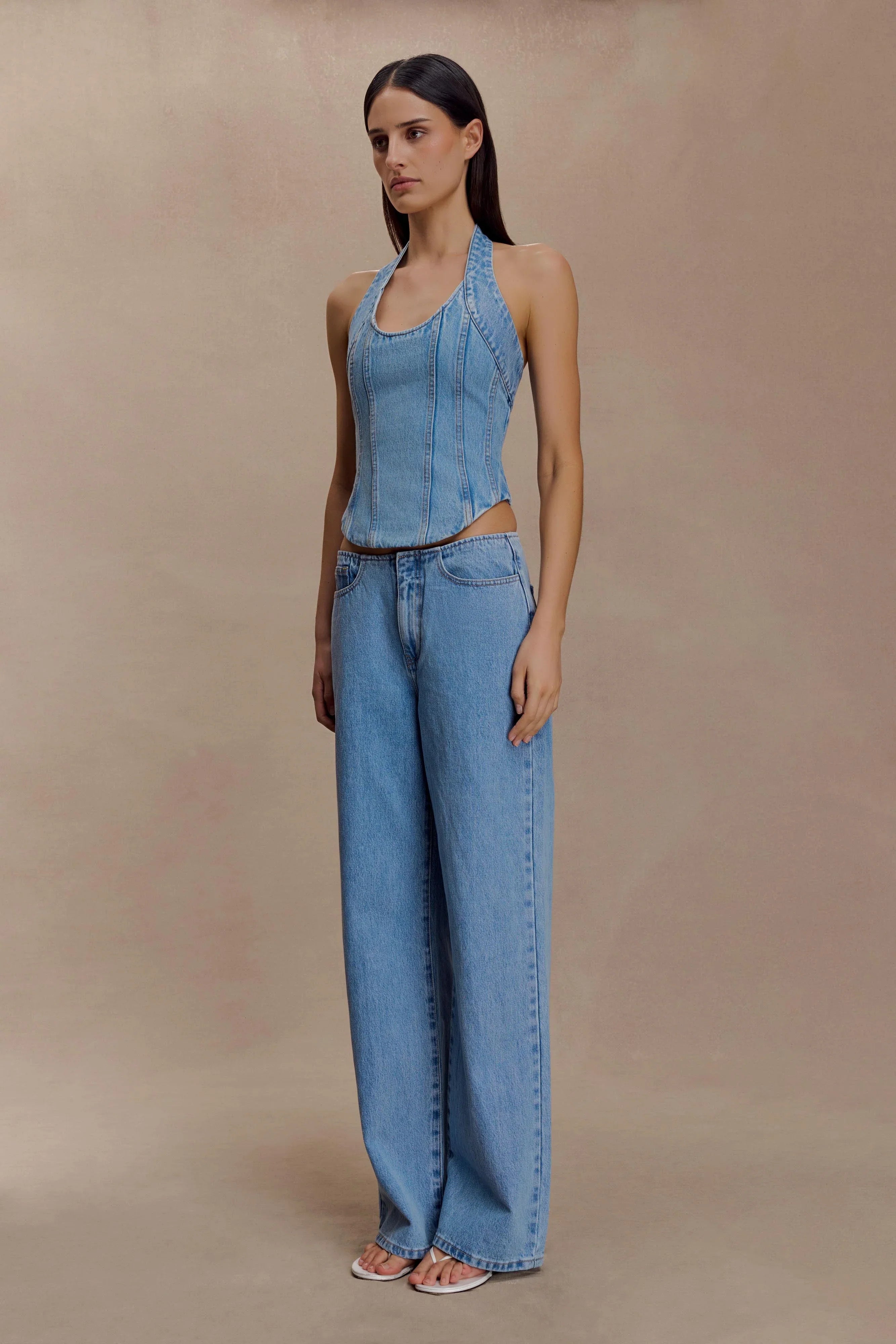 Meadow Denim Corset Halter Top Classic Blue