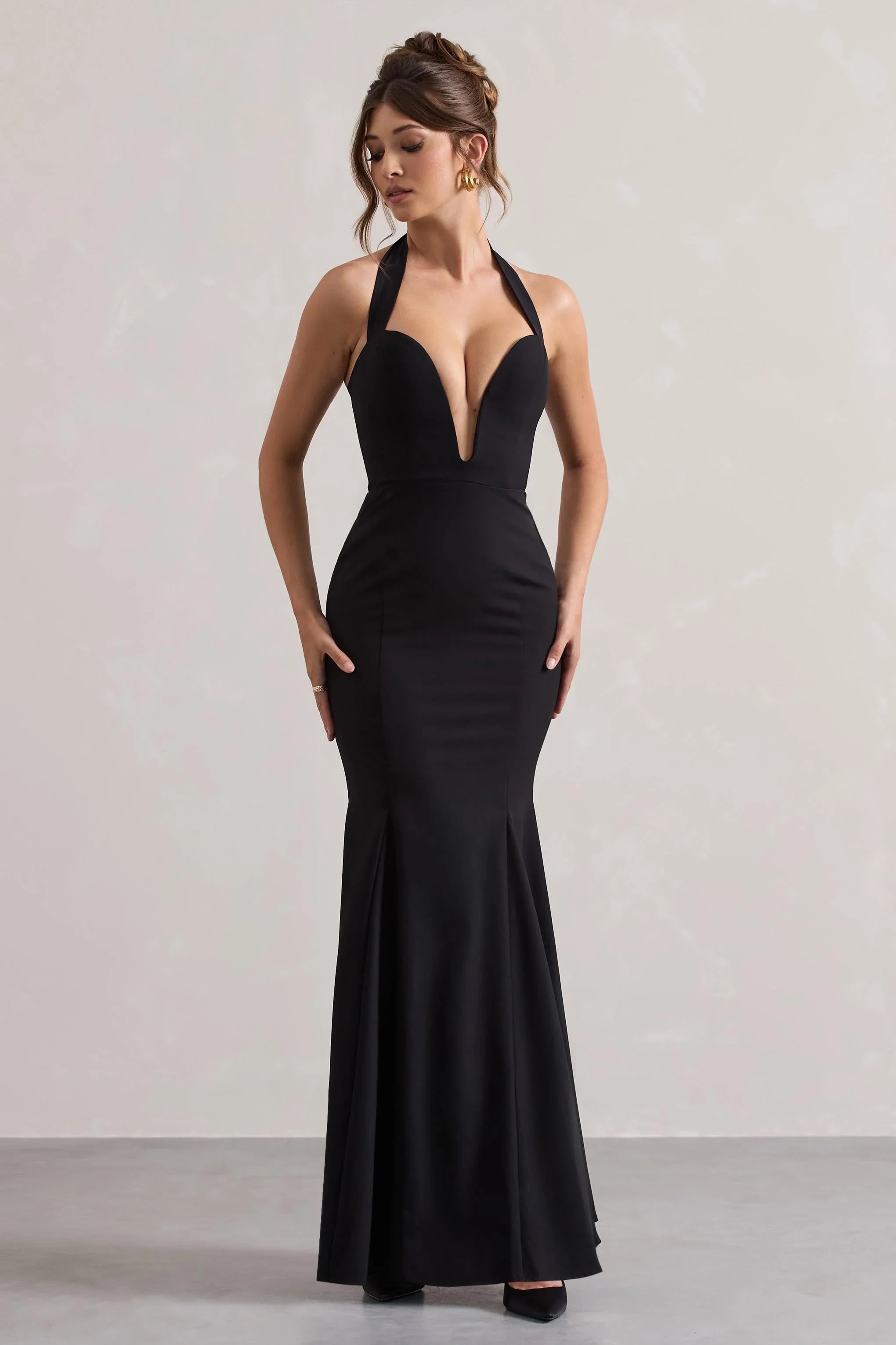 Plaza Black Plunge Halter Neck Fishtail Maxi Dress
