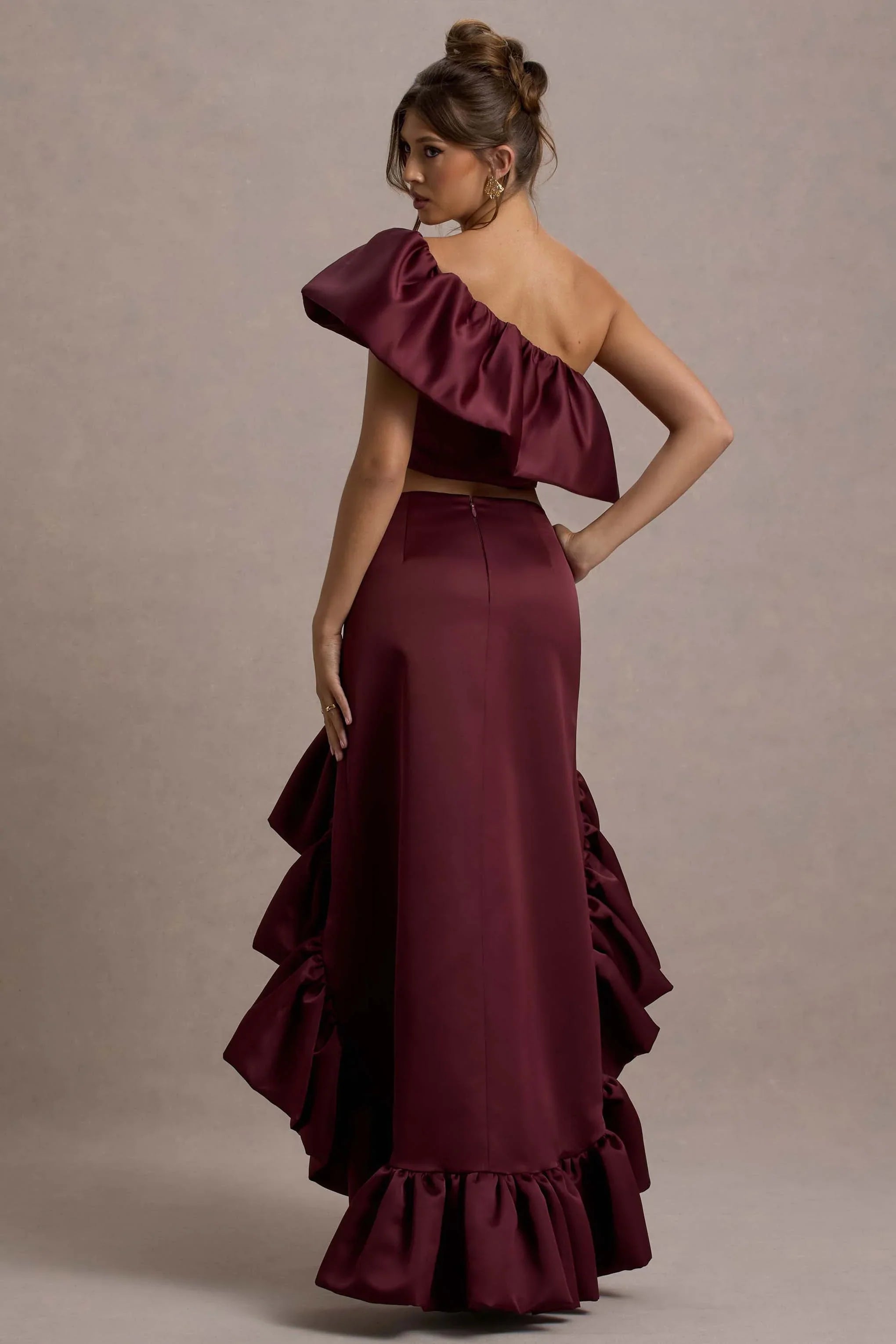 Sandie Merlot Satin Bardot Ruffled Crop Top