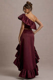 Sandie Merlot Satin Bardot Ruffled Crop Top