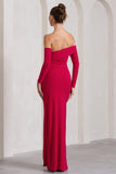 Stand Out Red Bardot Ruched Maxi With Sleeves And Side Split