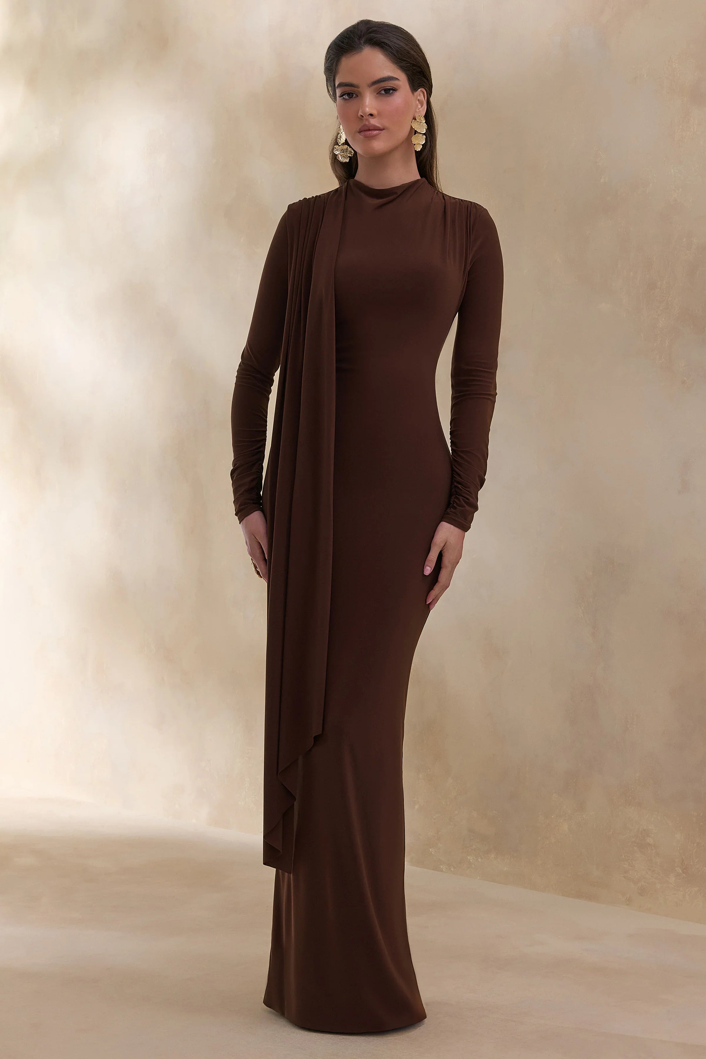 Amaria Brown High Neck Maxi Dress With Sash Detail