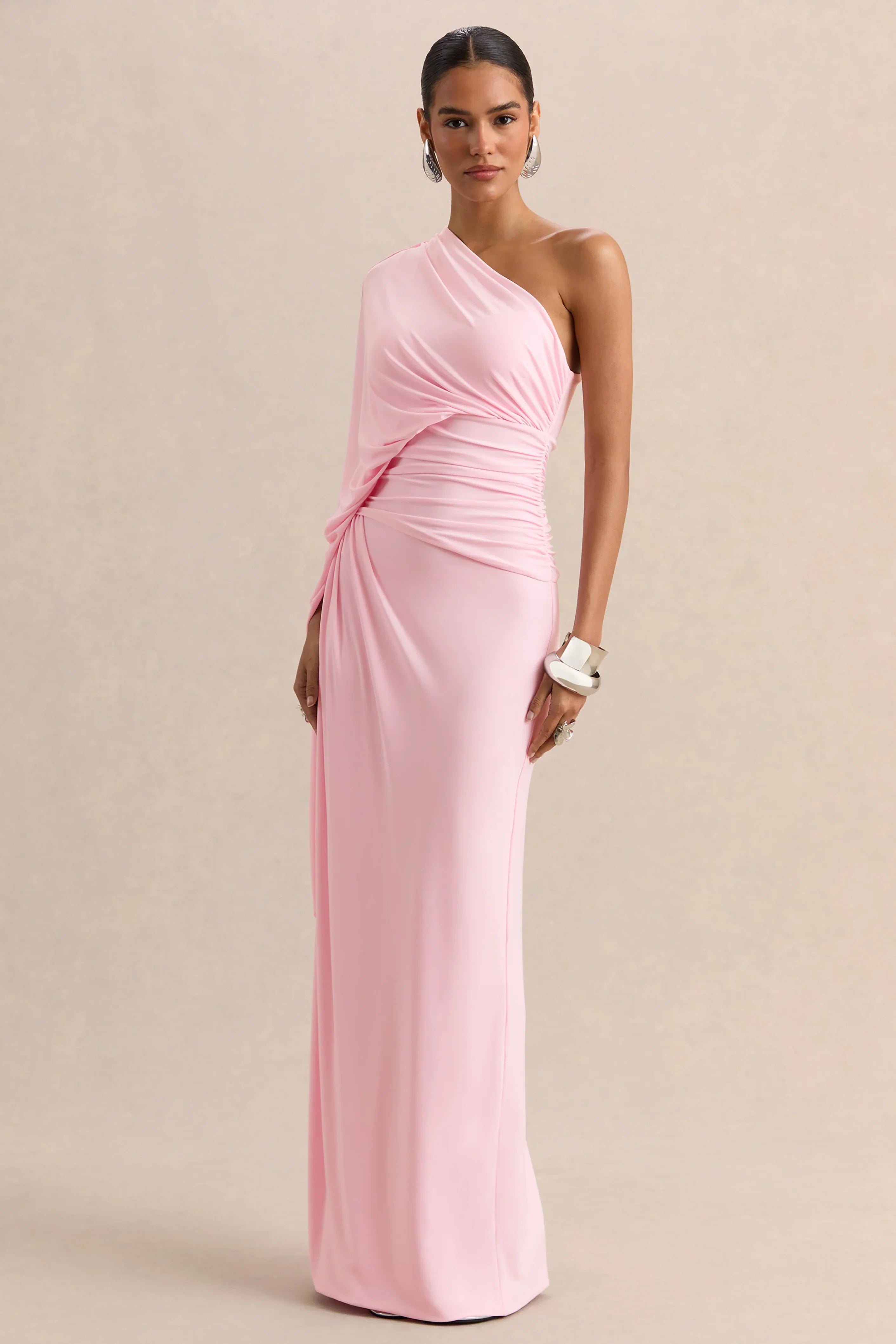 Sabella Pink Asymmetric Neck Maxi Dress