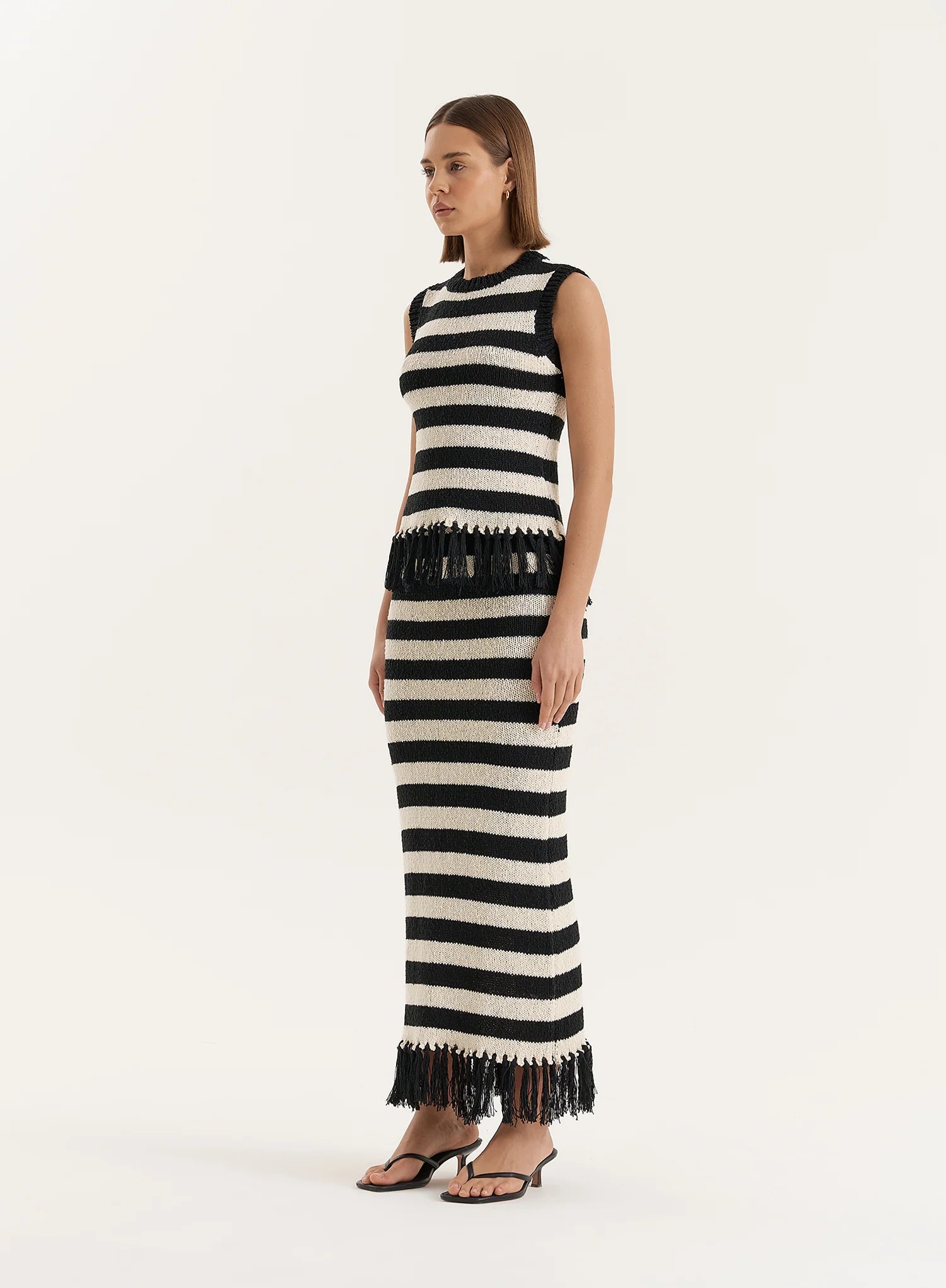 Striped Sleeveless Knitted Tassel Trim Top