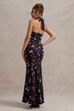 Melodia Black Ditsy Floral Print Satin Halter Neck Ruffled Maxi Dress