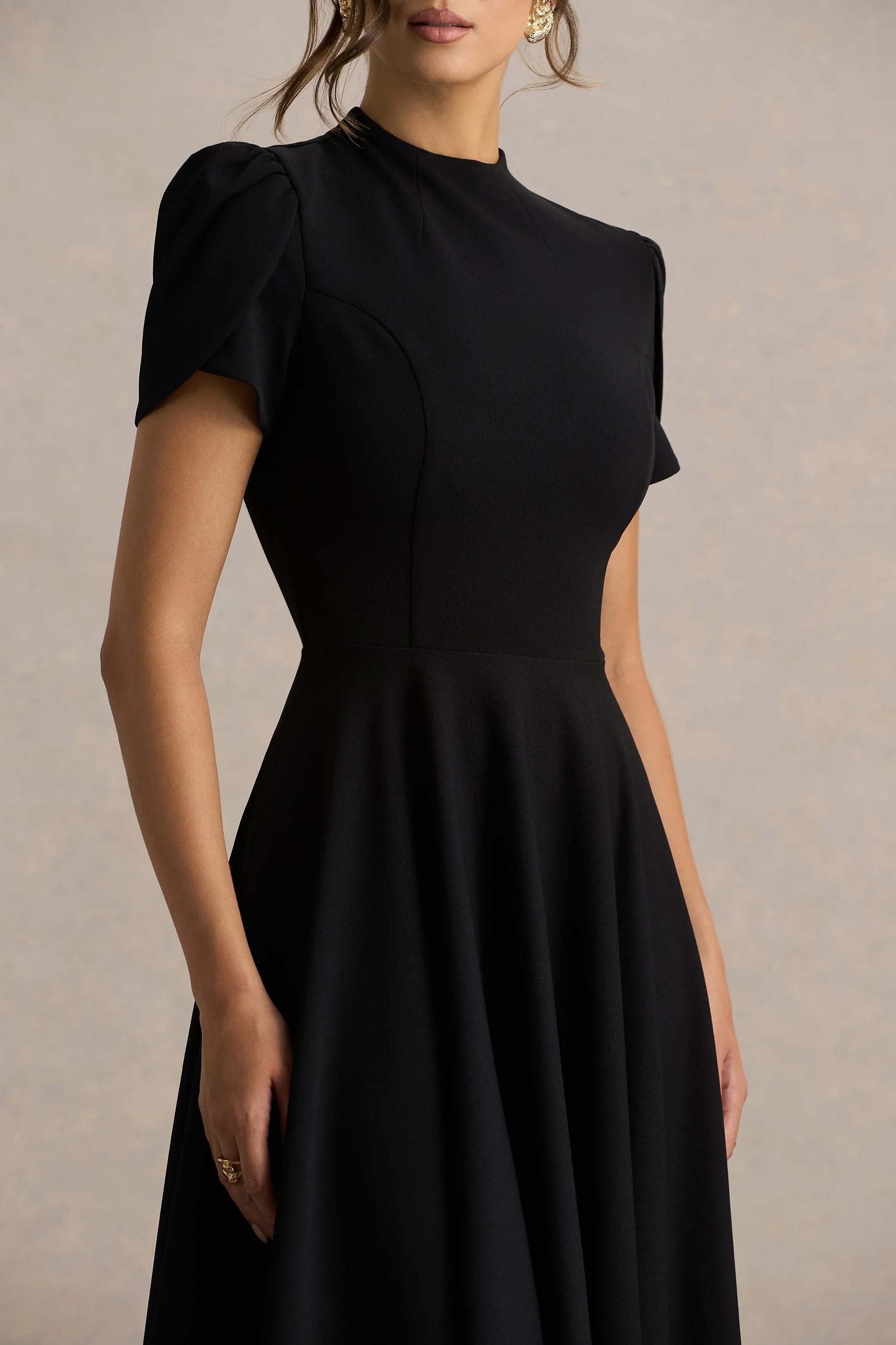 Vicky Black High Neck Midi Dress With Puff Sleeves